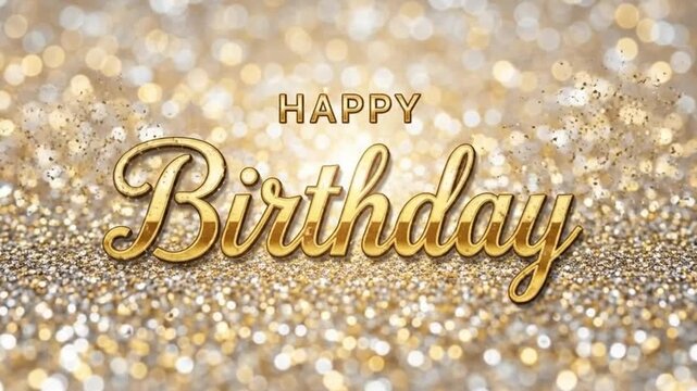 Elegant golden happy birthday lettering with sparkling glitter background for festive celebrations.