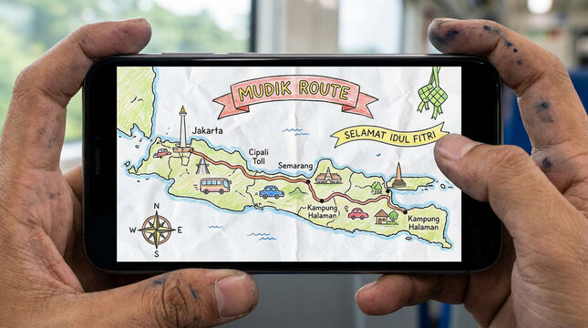 A creative illustration of the Java island homecoming route for Mudik, featuring traditional Ketupat icons and Selamat Idul Fitri greetings for the holiday.