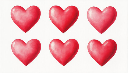 Fototapeta premium A collection of six glittery red watercolor hearts