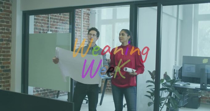 Animation of weaning week over diverse woman and man working in office