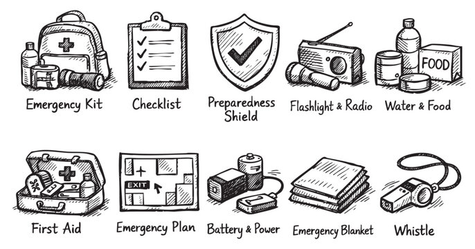 Hand-drawn sketch icons illustrate essential emergency preparedness supplies including first aid, food, water, and a checklist, conveying safety and readiness.