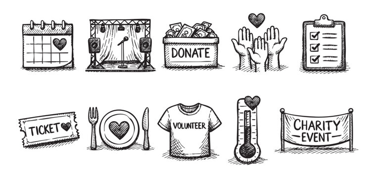 Hand drawn icons of charity event elements like concert, donation box, calendar, ticket, food, volunteer and thermometer representing fundraising events.
