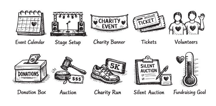 Hand-drawn style sketches illustrate charity events including fundraising thermometer, volunteers, auction, donation box, calendar, stage setup, and more. Use for nonprofit promotions.