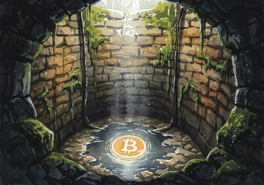 Cryptocurrency Bitcoin symbol glowing inside ancient stone well with light beam