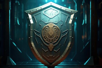 Fototapeta premium Ornate metallic shield illuminating a mysterious dark background, symbolizing defense and security
