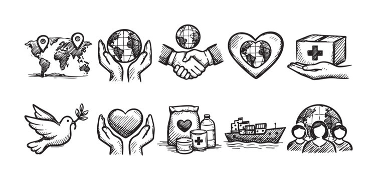 Black and white sketch-style icons illustrate global charity, including world maps, hands holding the earth, hearts, medical supplies, and humanitarian aid, suggesting international support.