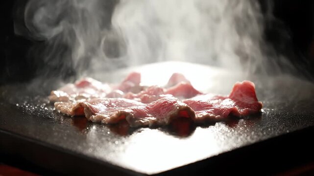 Close Up of Beef Slices Sizzling on a Hot Griddle with Rising Steam