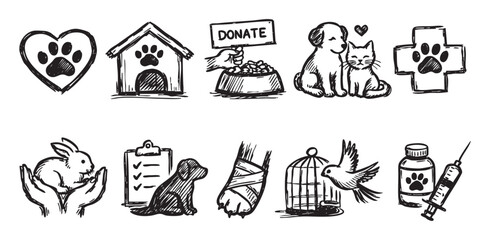 Fototapeta premium Black and white illustration displays animal welfare icons, showing care, medicine, and animal shelters suitable for pet adoption, animal rights or veterinary clinic promotion.