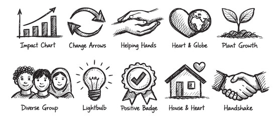 Obraz premium Hand-drawn sketch set featuring icons such as chart, arrows, hands, diverse group, globe, lightbulb, handshake, and plant growth; symbolizing positive change and community.