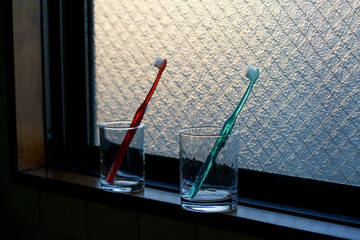 赤と緑の歯ブラシ