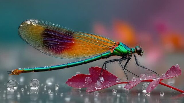 A vibrant dragonfly with iridescent wings perched on a red leaf, surrounded by water droplets