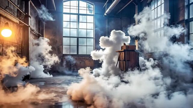 Smoke billows dramatically in an aged factory interior, illuminated with vibrant light and shadow.