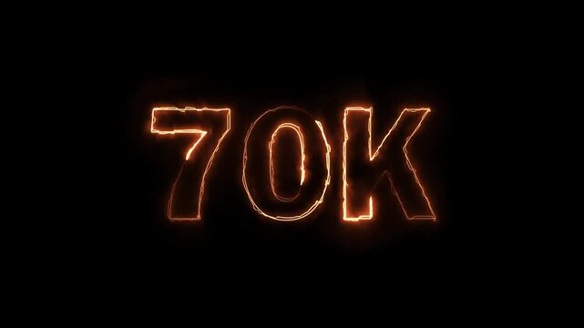70K celebration effect motion video Glowing neon text icon animation on black background.  70k followers, like, comment, Celebration text animation.