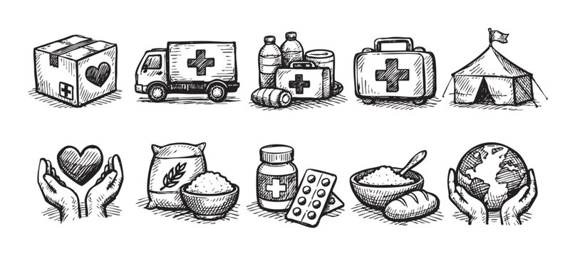 Sketch style illustration showing humanitarian aid supplies like food, medicine, transport and shelter needed for disaster relief support.