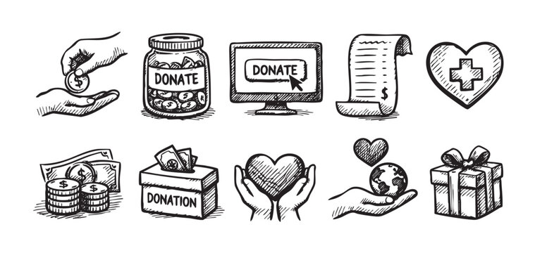 A sketch-style illustration displays hand-drawn icons relating to donations, charity, and fundraising, including cash, hearts, and donation boxes.
