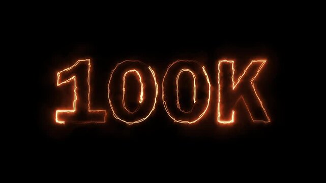100K celebration effect motion video Glowing neon text icon animation on black background.  100k followers, like, comment, Celebration text animation.