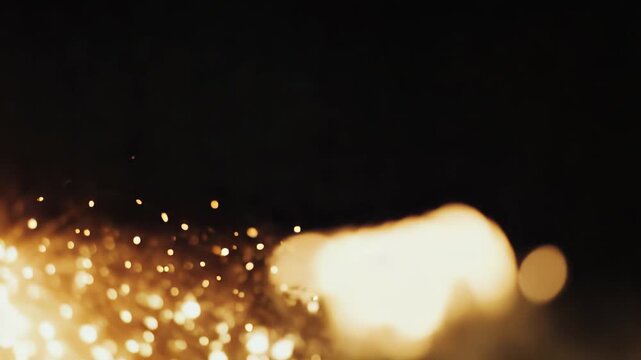 Golden glowing bokeh particles and sparkling dust create a warm, festive abstract backdrop with soft diffused rays and shimmering gold texture for celebratory or elegant designs
