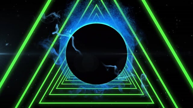 Video of neon triangles over circles and smoke