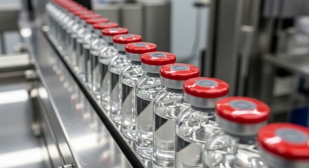 Fototapeta premium Pharmaceutical vials filled with clear liquid sealed with red caps moving on a conveyor belt