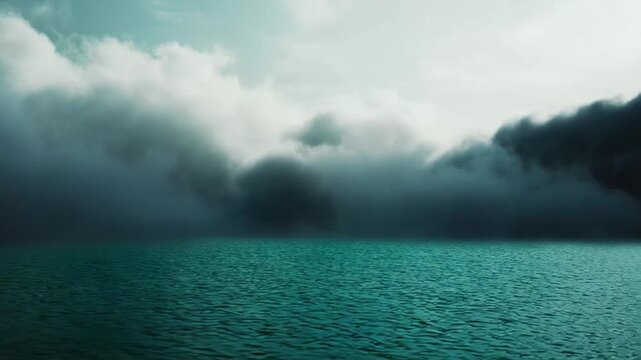 Fog and low hanging clouds creating an ethereal, mysterious atmosphere over a calm body of water, blending the horizon into an obscured, serene natural landscape