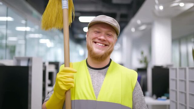Worker with Down syndrome performing service job with pride, dignity at work concept