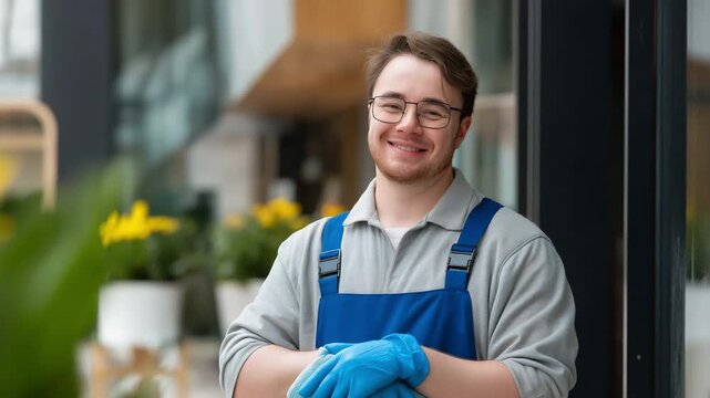 Worker with Down syndrome performing service job with pride, dignity at work concept