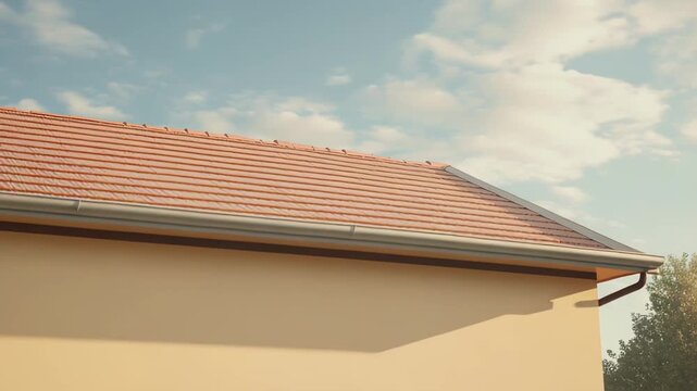 New terracotta tiled roof with rain gutter under a clear blue sky, showcasing residential construction, roofing detail and home protection in warm, sunny daytime light