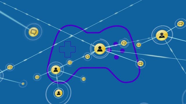 Animation of network of profile icons over video game controller icon against blue background