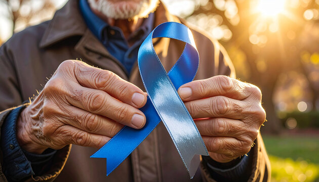 Close-up of Elderly Hands Holding Blue Awareness Ribbon for Prostate Cancer or Colon Cancer Awareness