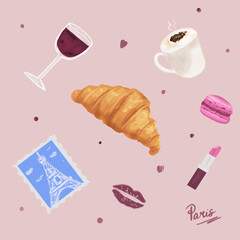 Trendy illustration set about Paris, romance and cozy lifestyle.