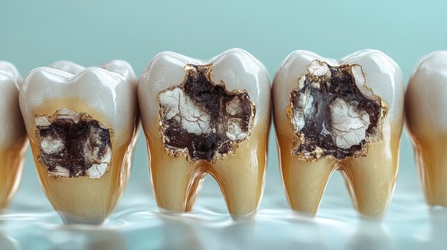 A close-up view of several teeth with severe cavities and decay on a light blue background