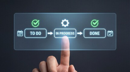Naklejka premium Hand interacting with digital workflow process screen displaying to do in progress and done stages with glowing green checkmarks and white icons on dark background with futuristic interface