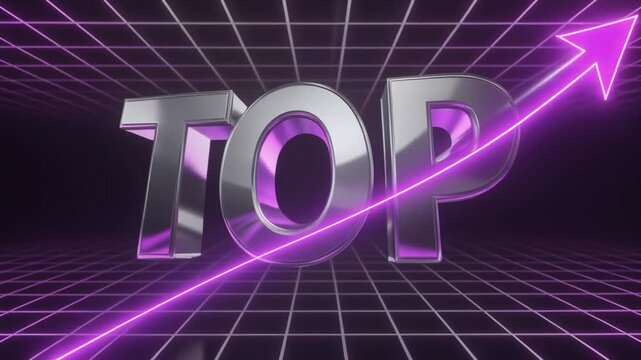 Platinum and violet TOP text animation with a 3D ascending arrow on a cyberpunk neon grid. Sleek futuristic motion graphics for rankings, success, and growth concepts.
