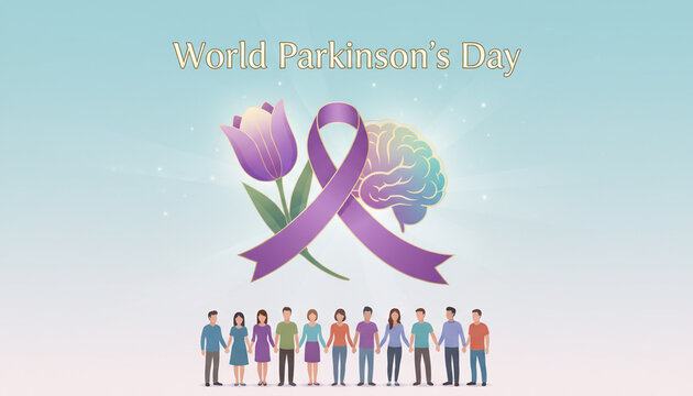World Parkinson's Day Illustration with Purple Ribbon and Pink Tulips