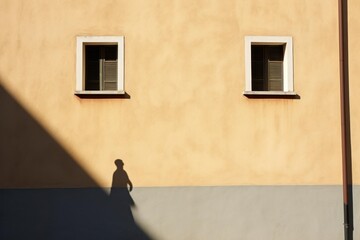Person's shadow moving along a building wall with sunlight and minimalistic windows
