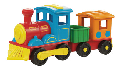 Naklejka premium Colorful toy train plastic locomotive isolated on a transparent background