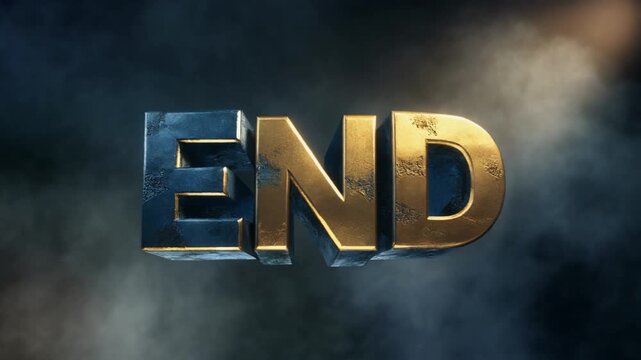 Gold and metallic blue END text animation with a heavy cinematic block style and smoke atmosphere. Dramatic 3D typography for movie closings and final sequences.