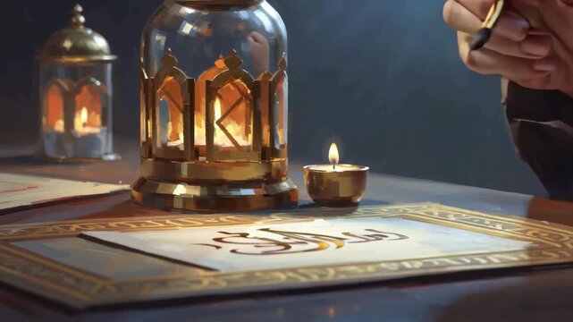 A hand meticulously writes Arabic calligraphy by the warm glow of traditional lanterns.