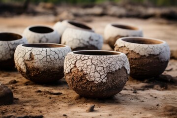 Handmade clay bowls with cracked surfaces resting on arid soil