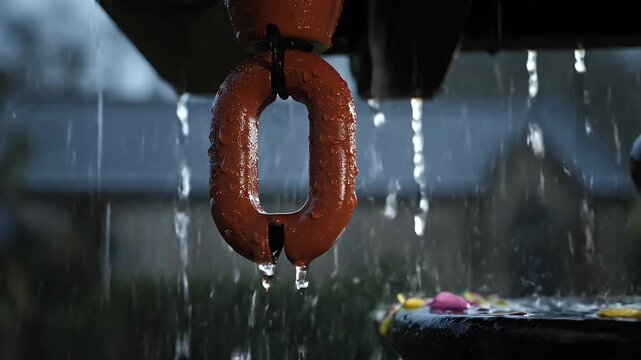 Close Up of Heavy Rain Dripping Off a Rusty Industrial Chain Link