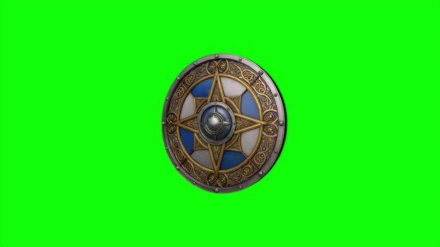 3D Ornate Medieval Round Shield Rotating on Green Screen Background for Fantasy Game and VFX Animation