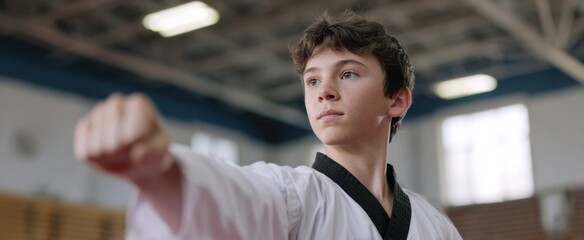Obraz premium Adolescent hones rapid taekwondo strikes during morning practice sessions.