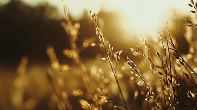 Wild grass stem stands in warm backlighting, a tranquil scene of nature at golden hour, capturing the peaceful glow of sun filtering through agricultural fields