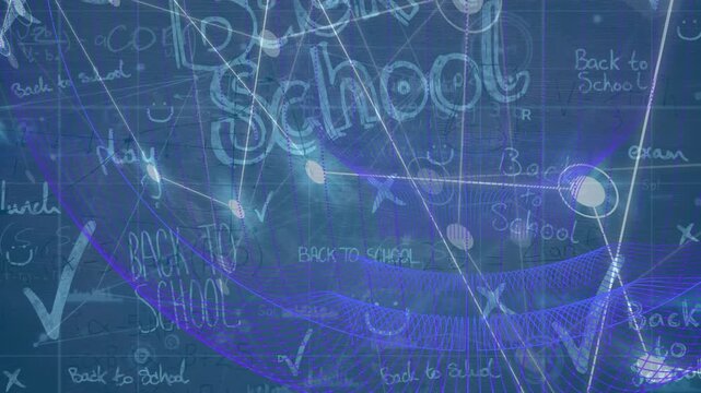 Animation of connections, school and math formulas in navy space