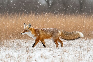 Obraz premium Graceful wild fox walks through snowy habitat under dramatic winter skies and serene meadows.