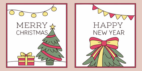 Fototapeta premium Festive Holiday Greeting Card with Christmas Tree, Gift Box, Pennant Flags, and Decorative Bow, USA, US, UK, United States 