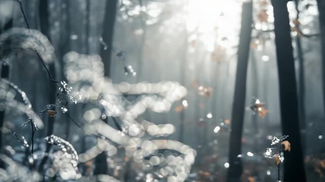 Delicate frost covering tree branches and leaves, glittering with diffuse sunlight filtering through the misty winter forest, creating a serene and ethereal atmosphere