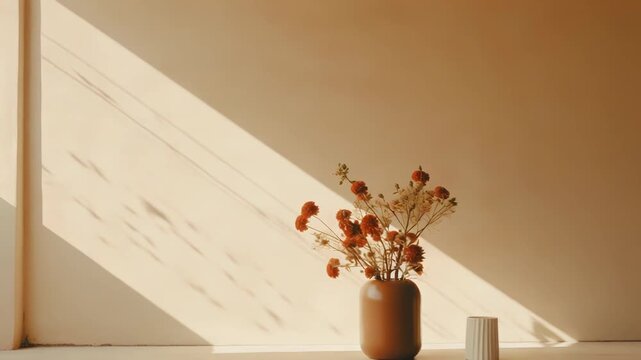 Dried flowers in a rust colored vase stand on a light surface, receiving warm sunlight that casts geometric and organic shadows on the pale wall, creating a serene and minimalist interior scene
