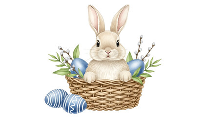 Adorable Easter bunny in wicker basket with blue eggs
