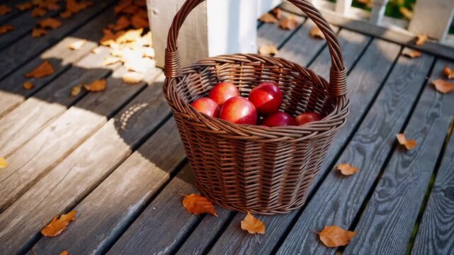 Wicker basket with apples on sunlit wooden deck surrounded by autumn leaves